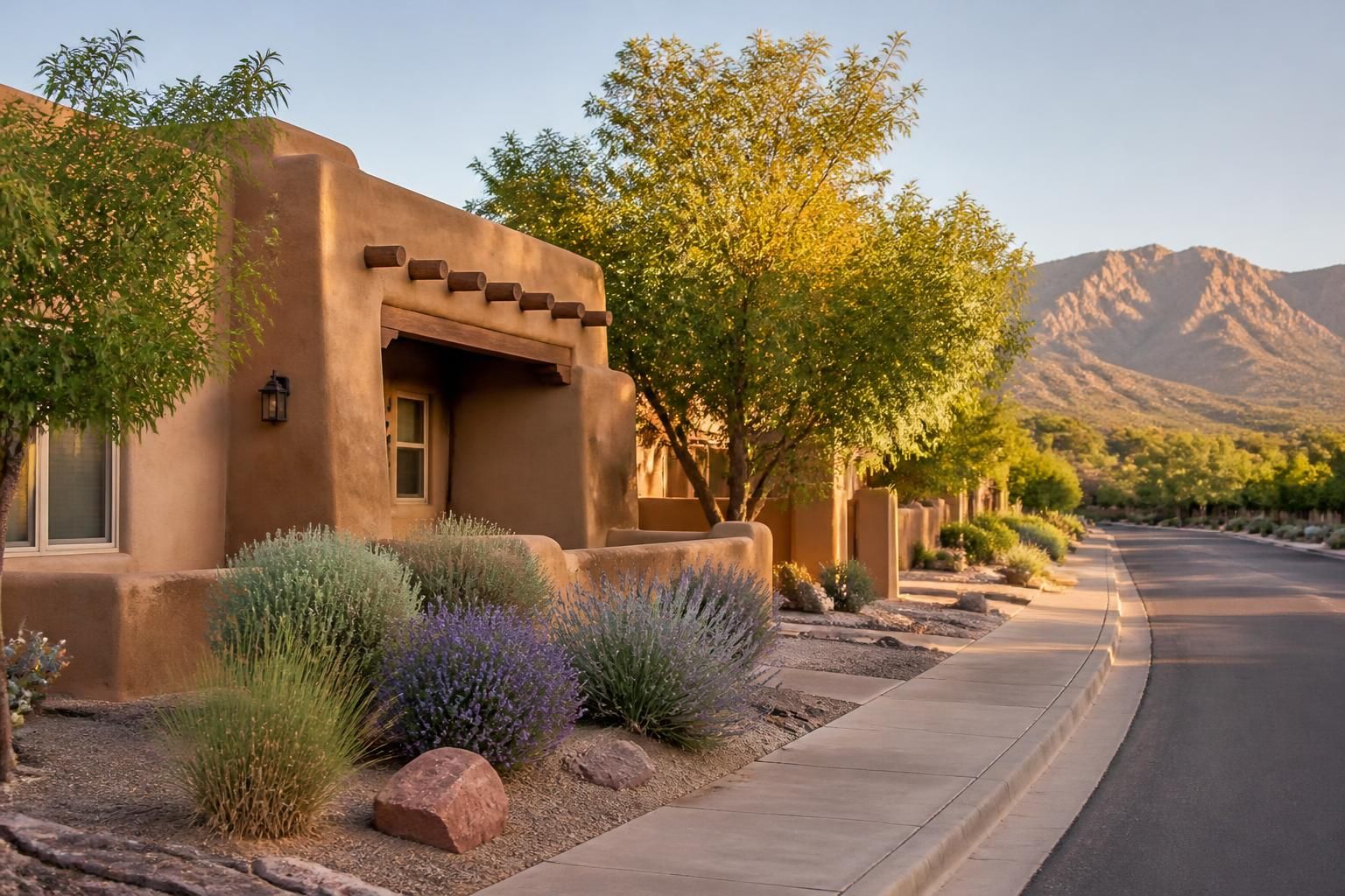 Welcoming neighborhood with adobe-style homes and warm light.