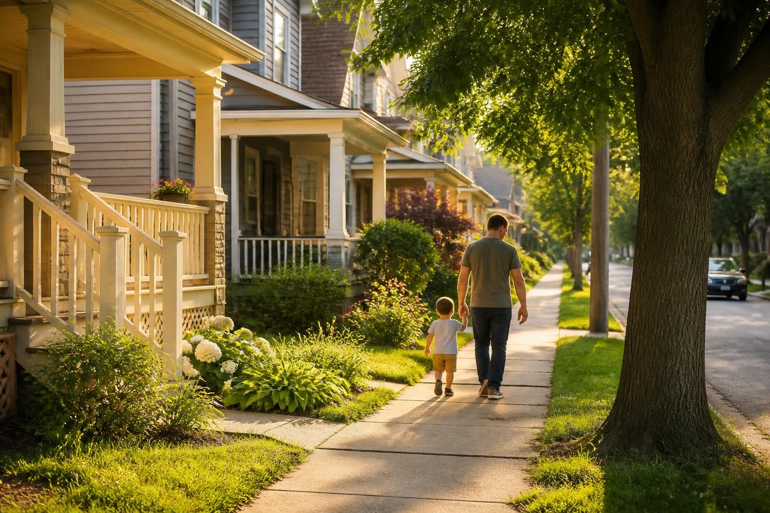 Local district with modest homes and warm afternoon light.