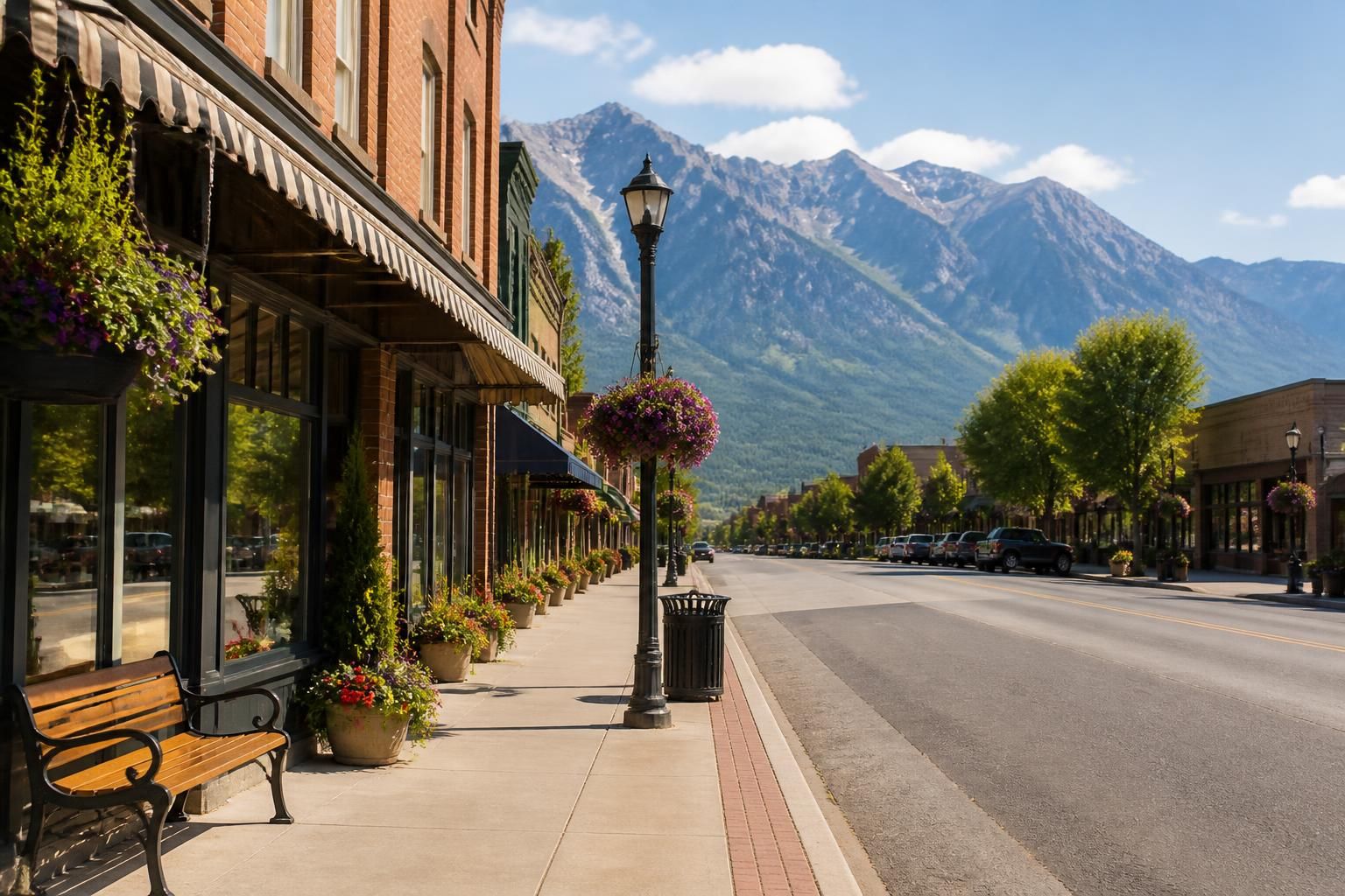 Small-town street with clean storefronts and distant mountains.