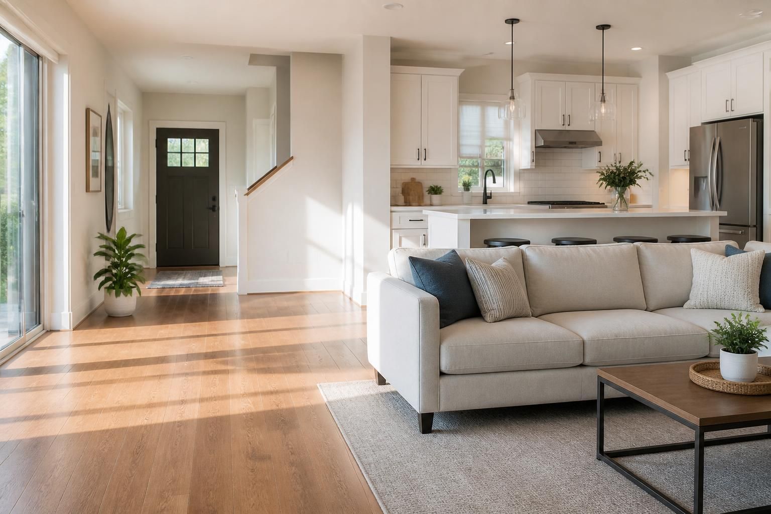 Bright modern home interior with spotless floors and fresh natural light.