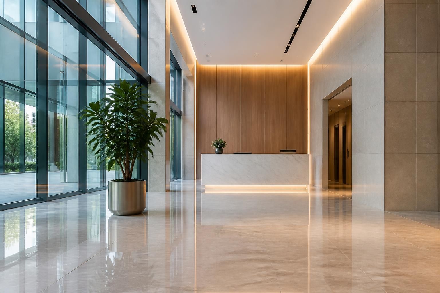 Clean commercial lobby with polished floors and glass surfaces.