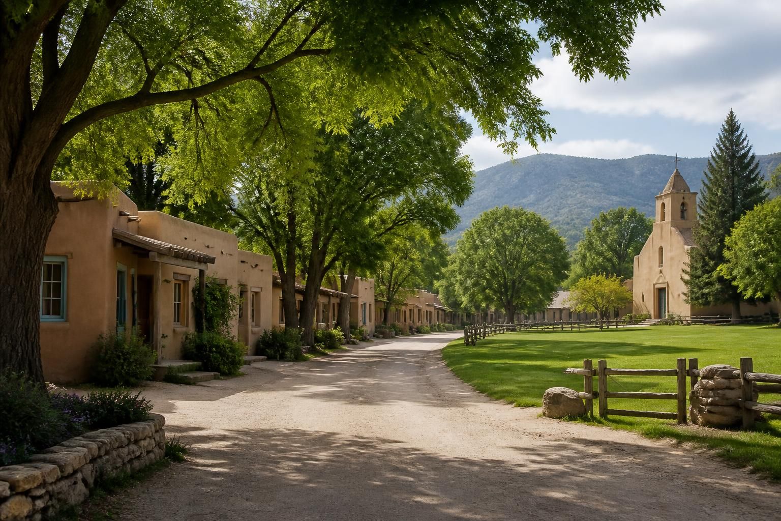 Village landscape with adobe homes and tree-lined roads.