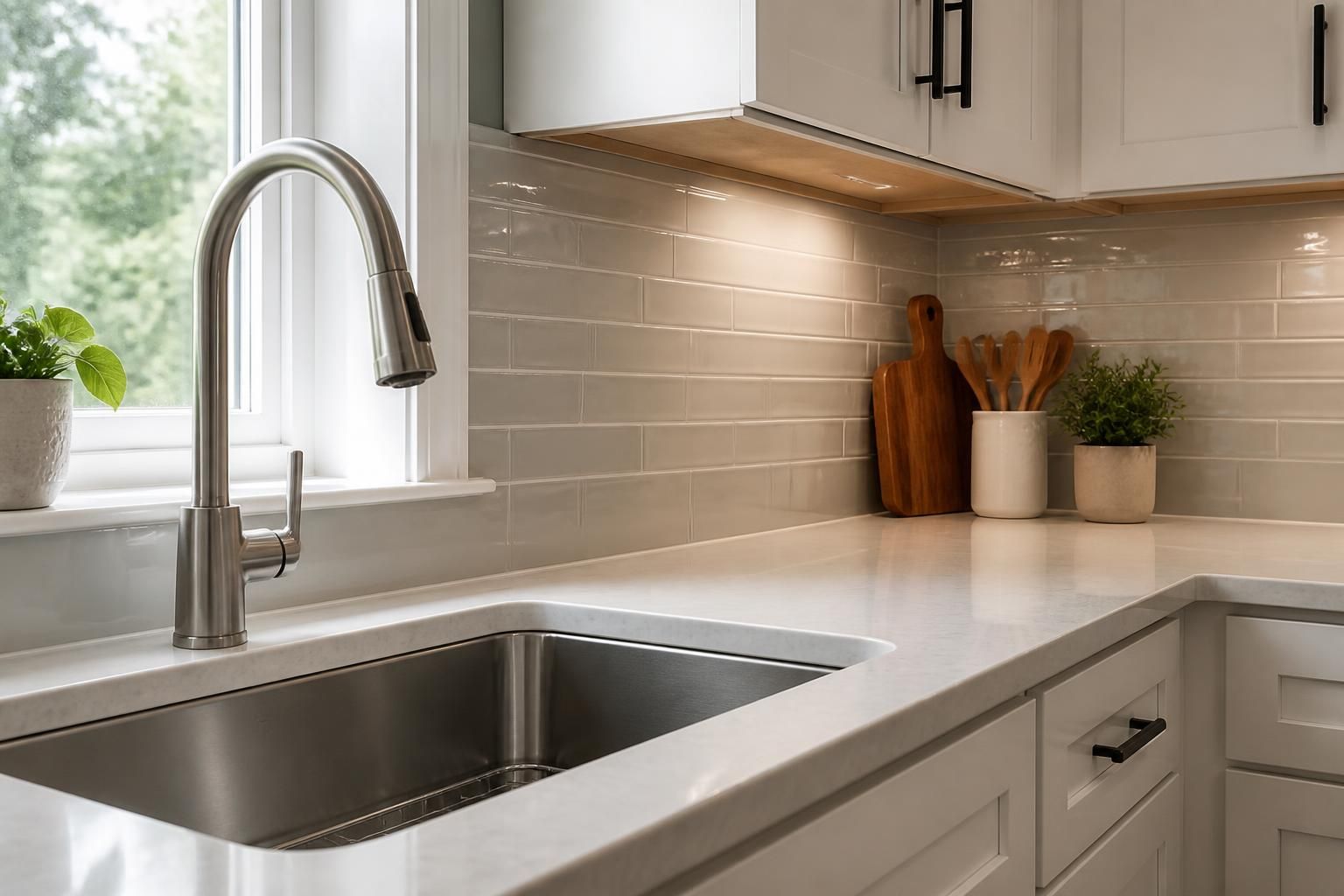 Deep cleaned kitchen corner with gleaming counters and sink.