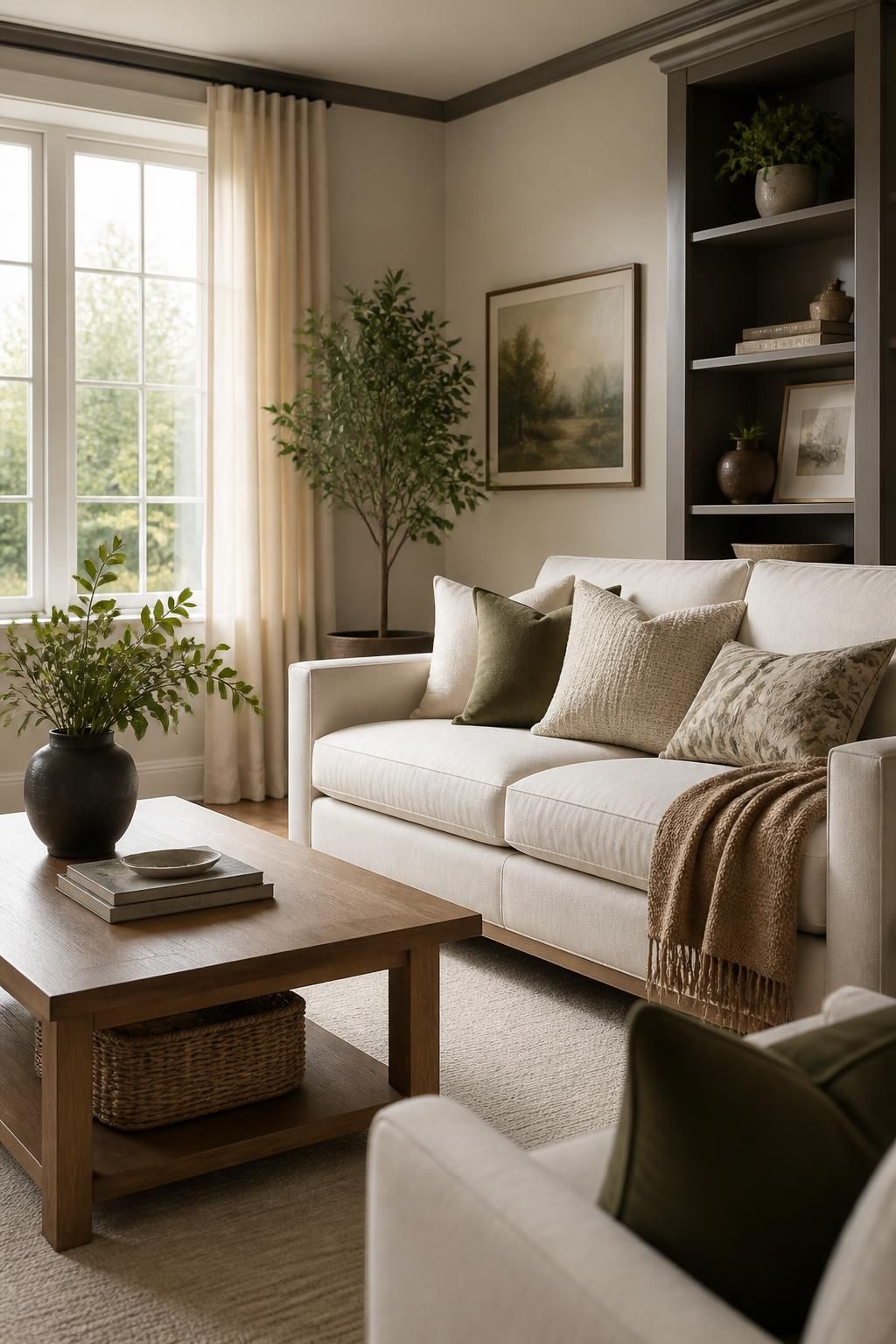 Freshly cleaned living room with soft light and tidy furnishings.