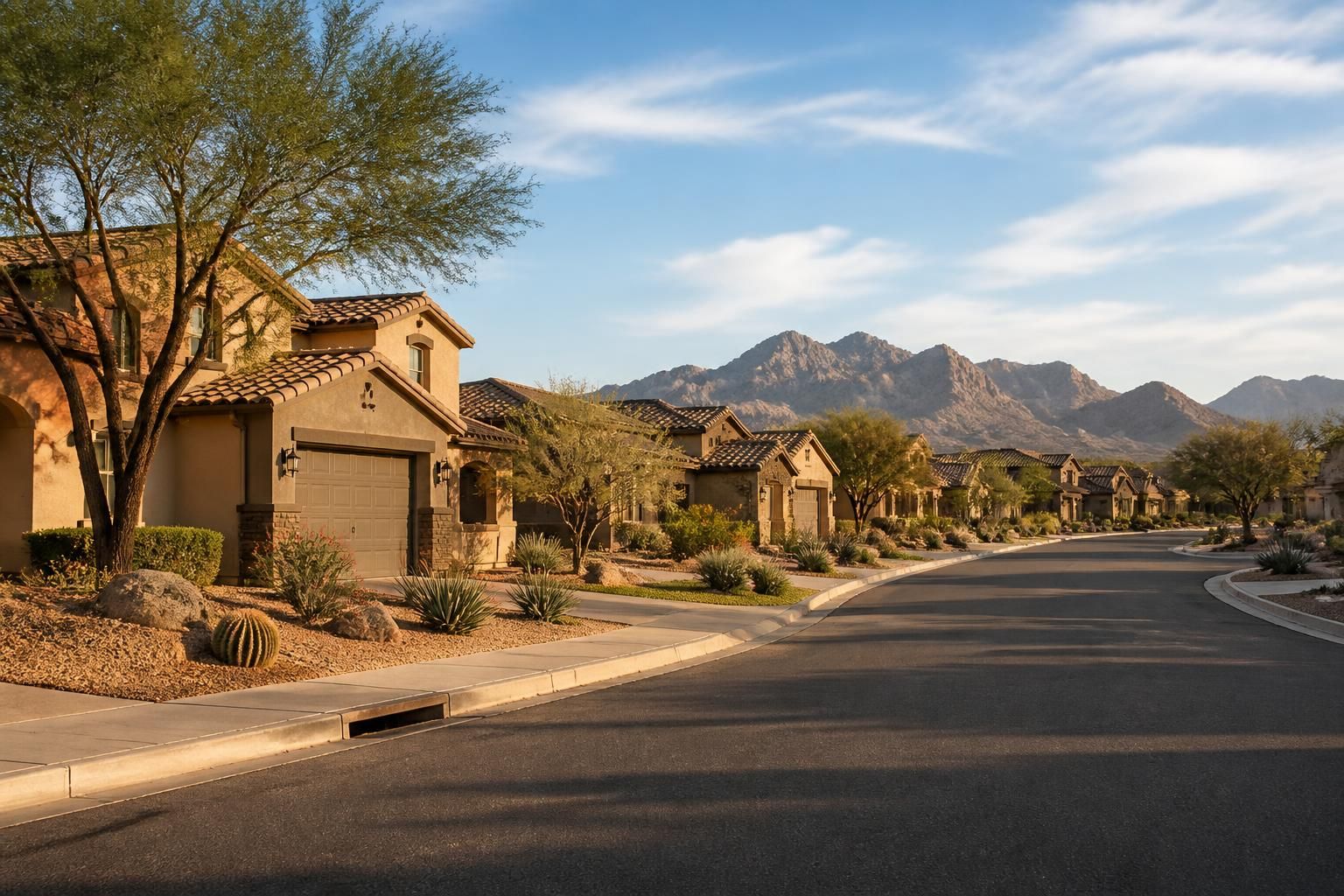 Tidy residential street beneath a wide open sky.