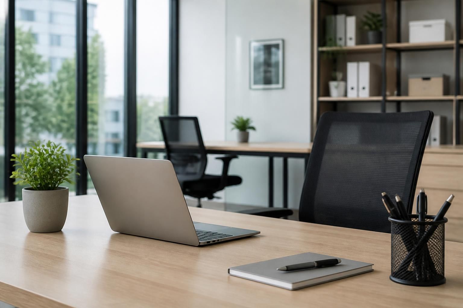 Spotless modern office interior with tidy desks and bright surfaces.