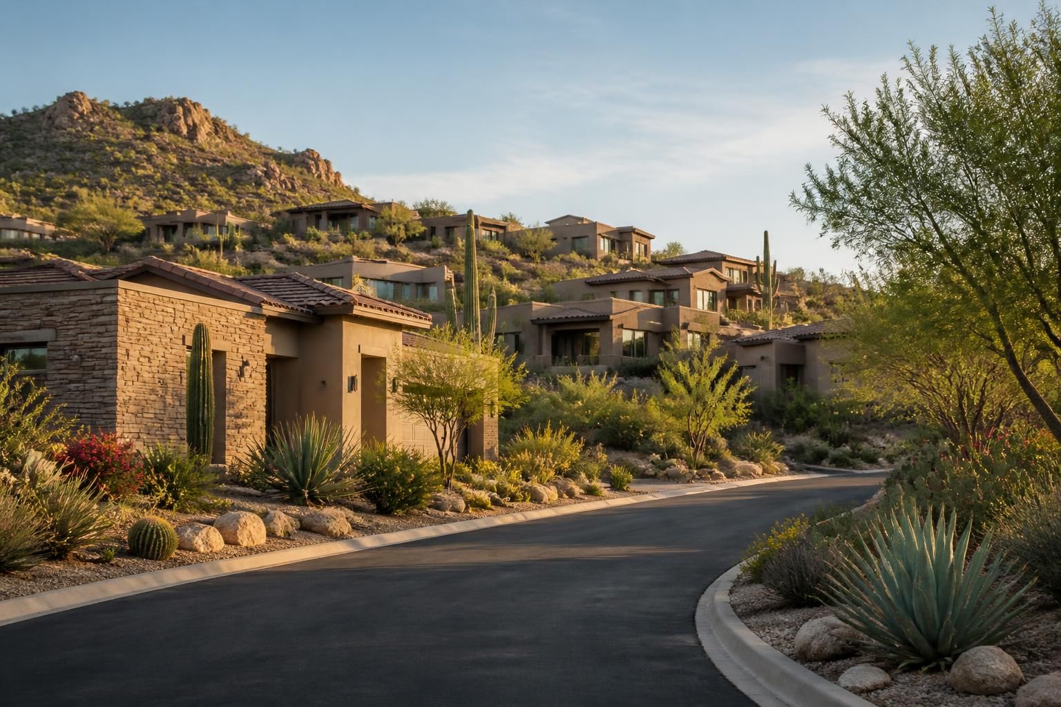 Desert neighborhood with hillside homes and native vegetation.
