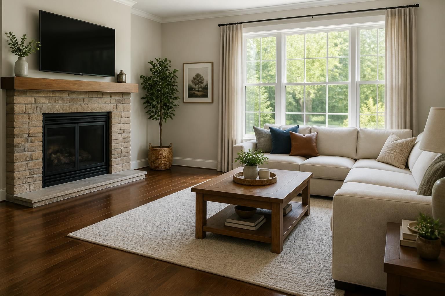 Freshly cleaned family living room with spotless floors and daylight.