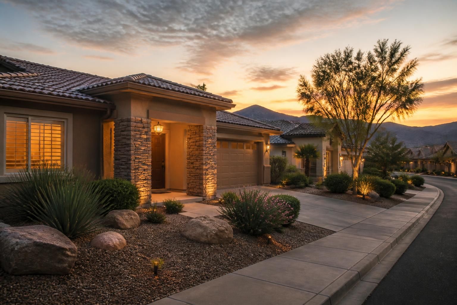 Suburban neighborhood with well-kept homes and desert landscaping.
