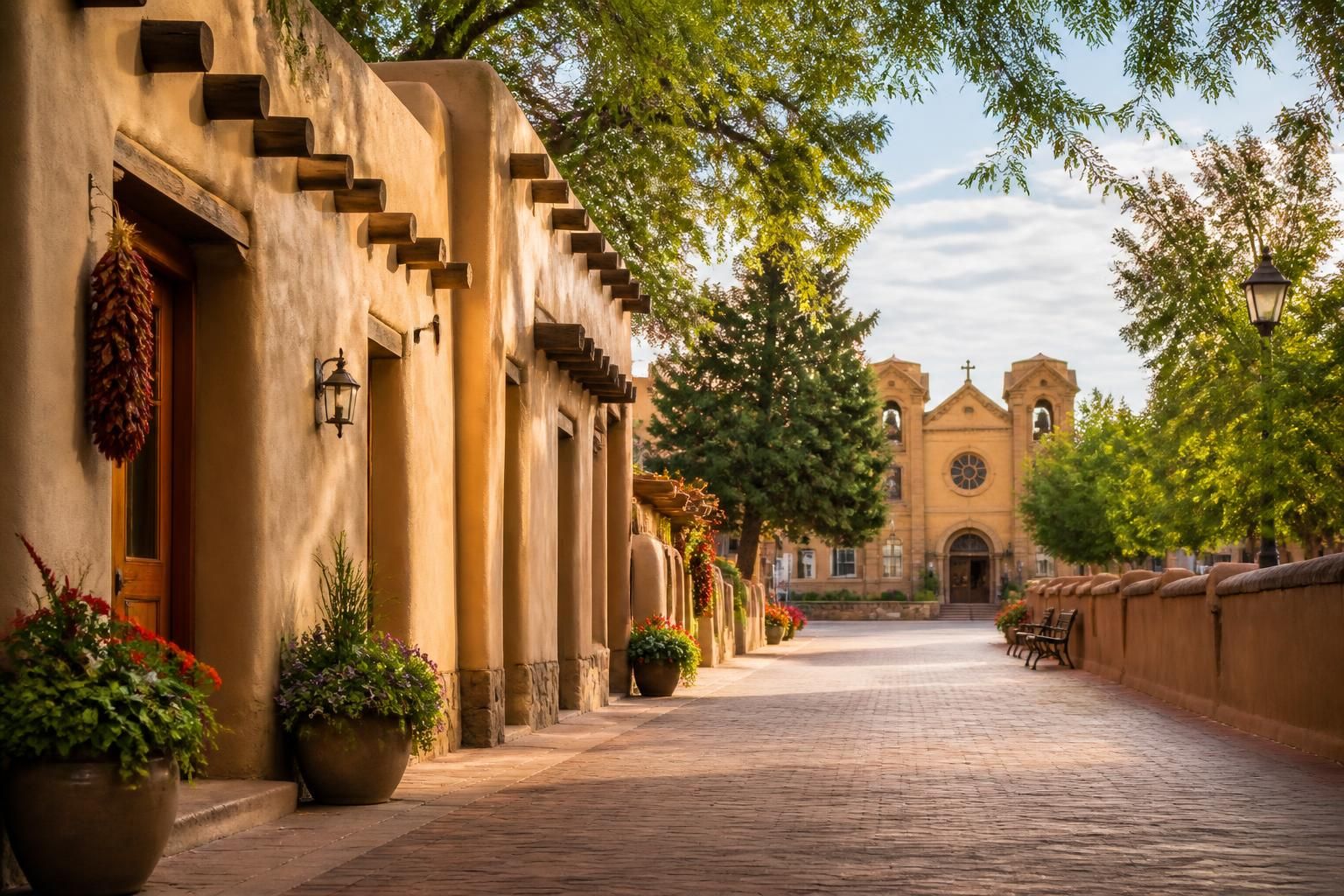 Historic city scene with adobe architecture and warm sunlight.