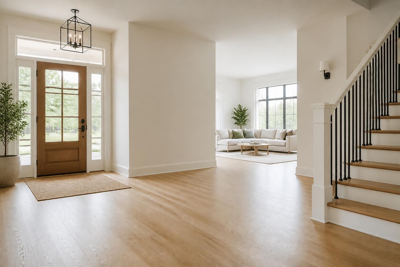 Spacious spotless entryway with clean floors and room for text.