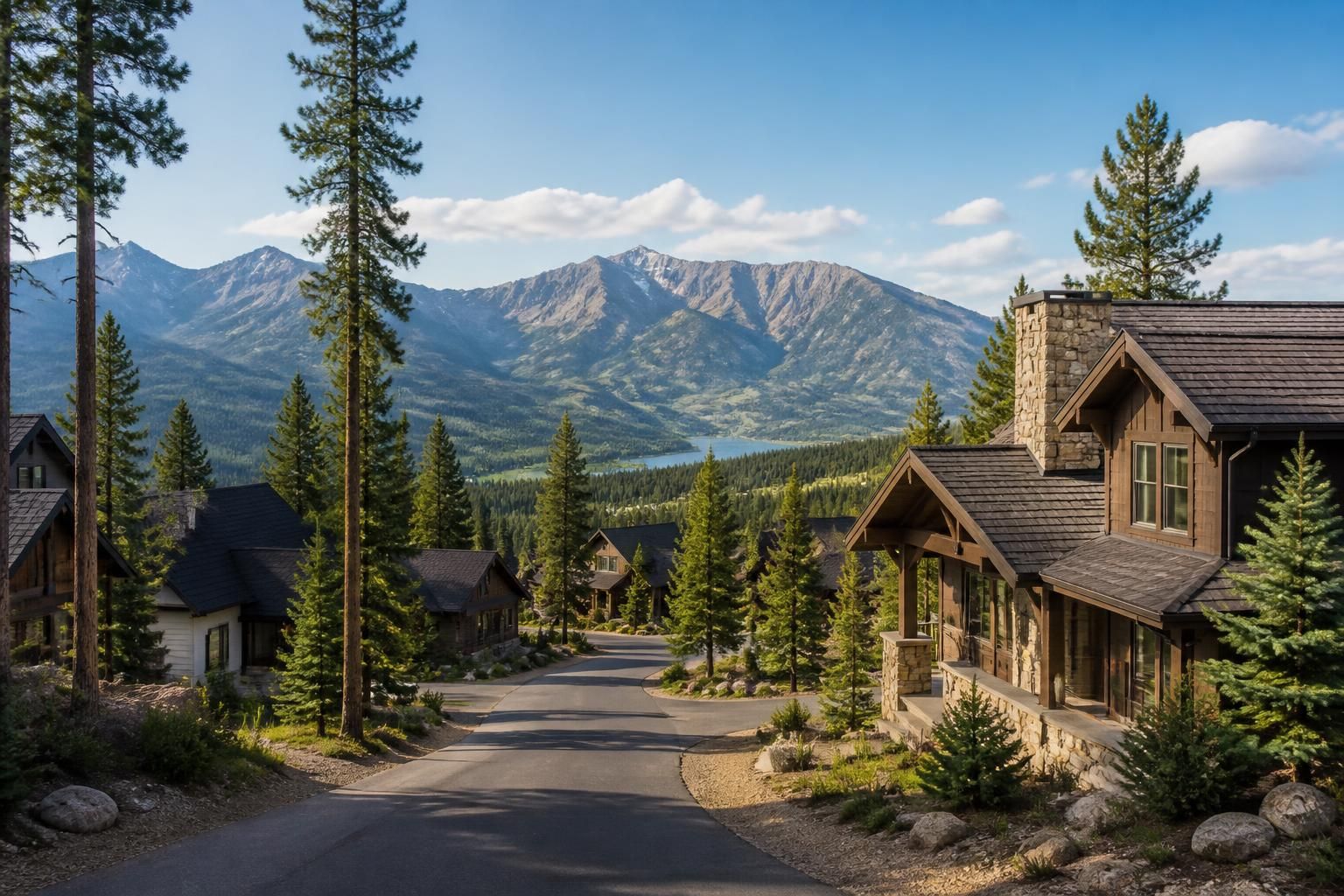 Mountain-edge community with pine trees and quiet roads.