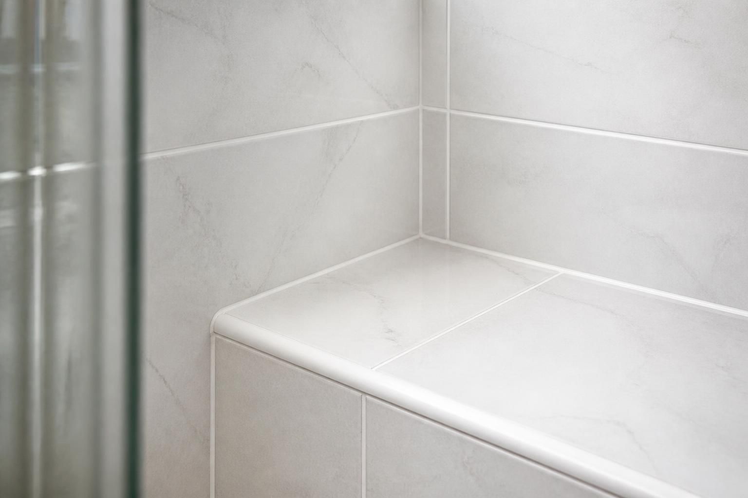 Freshly cleaned bathroom tile and grout with bright even surfaces.